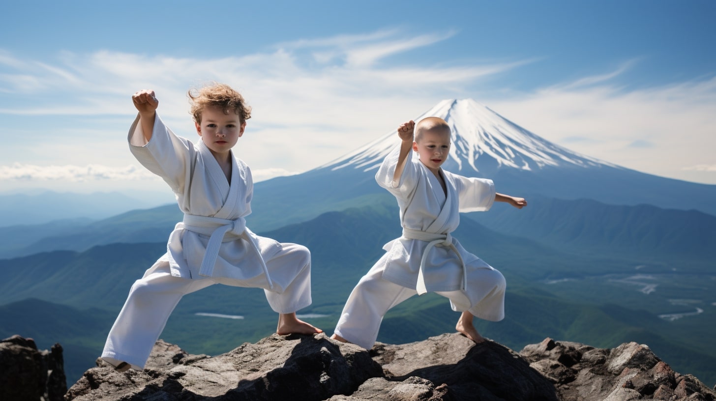 Des enfants filles et garçons en kimono pour pratiquer un art martial, du ju-jutsu, ou du judo ou du karate